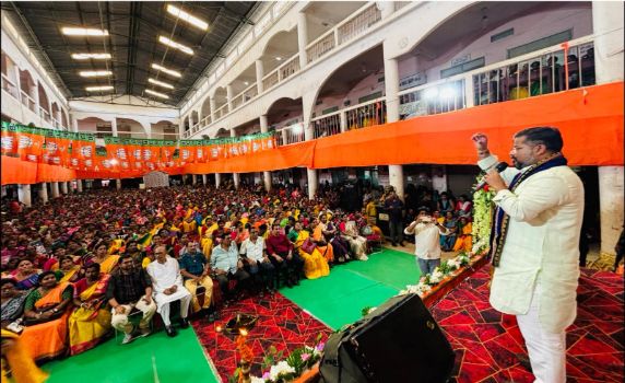 Tripura minister Sushanta Chowdhury attends Mahila Morcha Sammelan at Majlishpur.